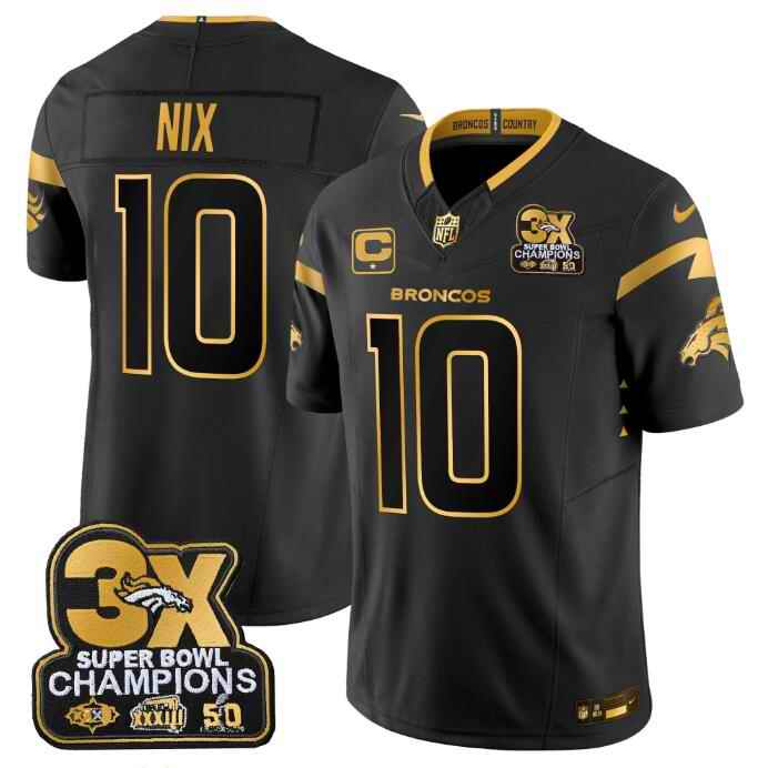 Men's Denver Broncos #10 Bo Nix Black/Gold F.U.S.E. 3-Time Champions Patch And 1-star C Patch Vapor Limited Stitched Football Jersey